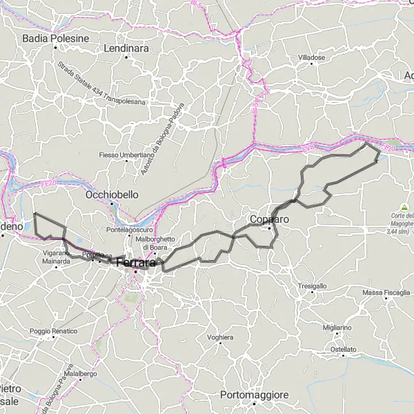 Kartminiatyr av "Copparo til Berra via Ferrara" sykkelinspirasjon i Emilia-Romagna, Italy. Generert av Tarmacs.app sykkelrutoplanlegger