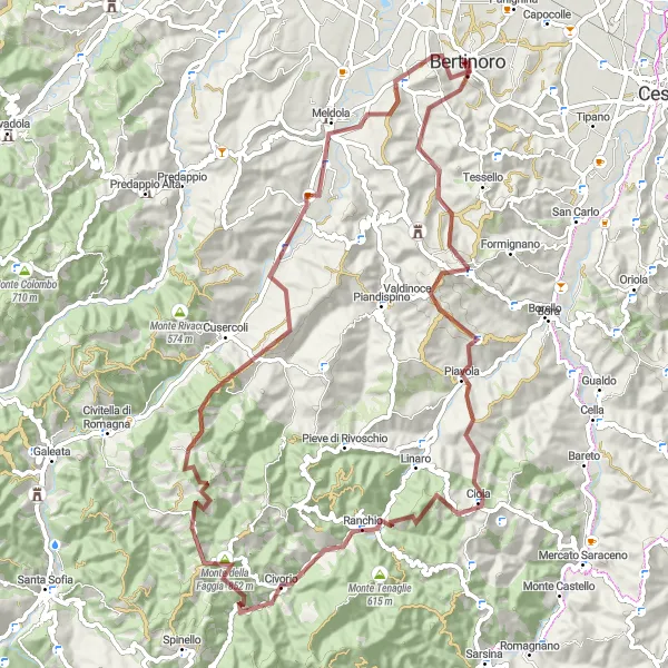 Zemljevid v pomanjšavi "Razburljivo gravel kolesarjenje v okolici Bertinora" kolesarske inspiracije v Emilia-Romagna, Italy. Generirano z načrtovalcem kolesarskih poti Tarmacs.app