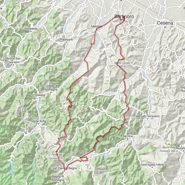 Map miniature of "Monte Cavallo and Monte Finocchio Gravel Route" cycling inspiration in Emilia-Romagna, Italy. Generated by Tarmacs.app cycling route planner