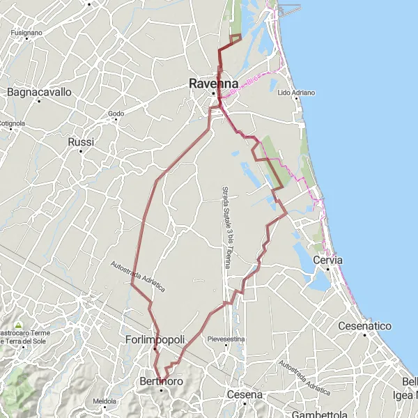 Miniatura della mappa di ispirazione al ciclismo "Giro in bicicletta da Bertinoro al Mausoleo Teodorico" nella regione di Emilia-Romagna, Italy. Generata da Tarmacs.app, pianificatore di rotte ciclistiche