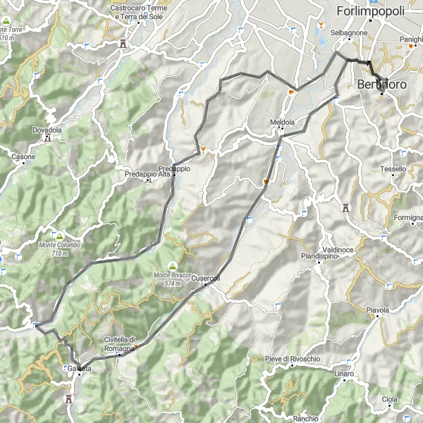 Miniature de la carte de l'inspiration cycliste "Boucle pittoresque autour de Bertinoro" dans la Emilia-Romagna, Italy. Générée par le planificateur d'itinéraire cycliste Tarmacs.app