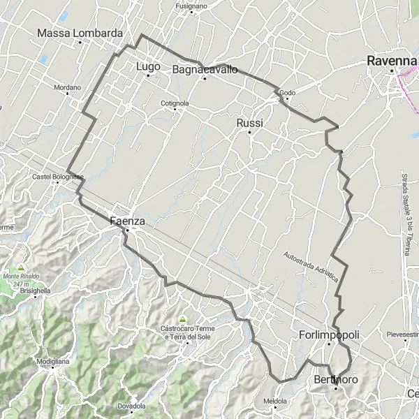 Kartminiatyr av "Landsvägstur till Rocca di Bertinoro" cykelinspiration i Emilia-Romagna, Italy. Genererad av Tarmacs.app cykelruttplanerare