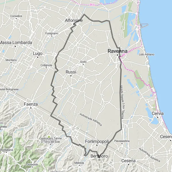 Kartminiatyr av "Bertinoro til Ravenna" sykkelinspirasjon i Emilia-Romagna, Italy. Generert av Tarmacs.app sykkelrutoplanlegger