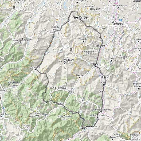 Miniature de la carte de l'inspiration cycliste "Montées et descentes autour de Bertinoro" dans la Emilia-Romagna, Italy. Générée par le planificateur d'itinéraire cycliste Tarmacs.app
