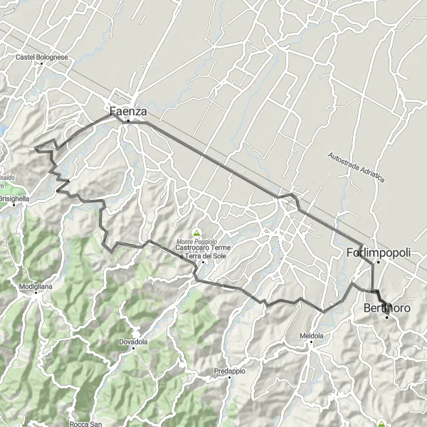 Miniatura della mappa di ispirazione al ciclismo "Colline Romagnole Strada" nella regione di Emilia-Romagna, Italy. Generata da Tarmacs.app, pianificatore di rotte ciclistiche