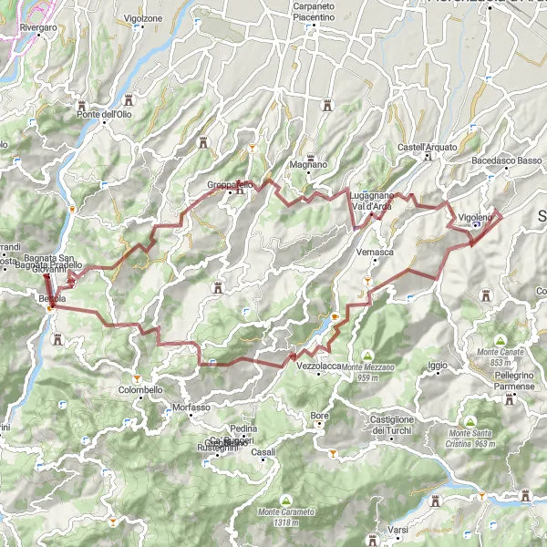 Miniatura della mappa di ispirazione al ciclismo "Giro in Gravel da Bettola a Lugagnano Val d'Arda e Monte Combù" nella regione di Emilia-Romagna, Italy. Generata da Tarmacs.app, pianificatore di rotte ciclistiche