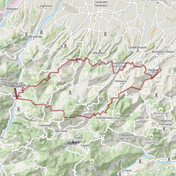 Miniature de la carte de l'inspiration cycliste "Aventure gravel à Lugagnano Val d'Arda et Monte Combù" dans la Emilia-Romagna, Italy. Générée par le planificateur d'itinéraire cycliste Tarmacs.app