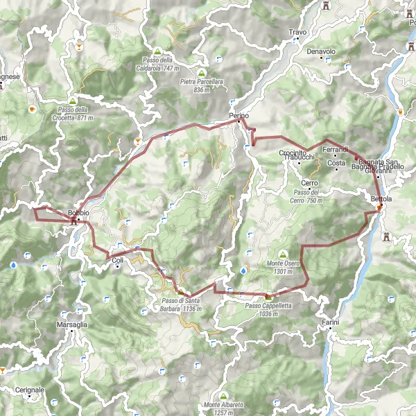 Miniature de la carte de l'inspiration cycliste "Randonnée Gravel à travers les Montagnes" dans la Emilia-Romagna, Italy. Générée par le planificateur d'itinéraire cycliste Tarmacs.app