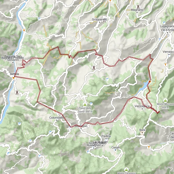 Zemljevid v pomanjšavi "Gravel Monte Canzolino - Vezzolacca - Morfasso - Passo dei Guselli" kolesarske inspiracije v Emilia-Romagna, Italy. Generirano z načrtovalcem kolesarskih poti Tarmacs.app