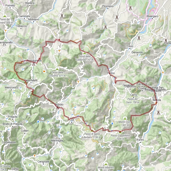 Miniature de la carte de l'inspiration cycliste "Parcours autour de Bettola via Passo Cappelletta" dans la Emilia-Romagna, Italy. Générée par le planificateur d'itinéraire cycliste Tarmacs.app
