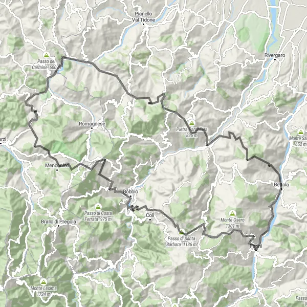 Miniature de la carte de l'inspiration cycliste "Boucle des Vallées de l'Emilia-Romagna" dans la Emilia-Romagna, Italy. Générée par le planificateur d'itinéraire cycliste Tarmacs.app