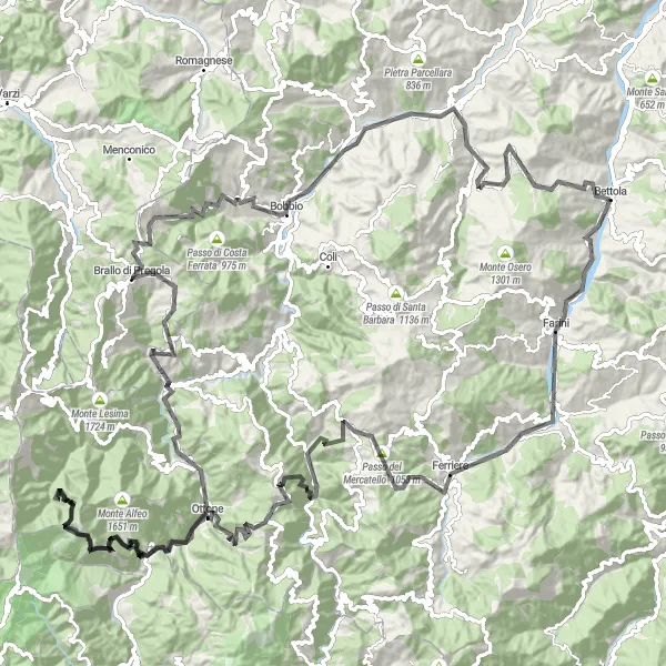 Miniaturní mapa "Cyklotrasa kolem Bettoly" inspirace pro cyklisty v oblasti Emilia-Romagna, Italy. Vytvořeno pomocí plánovače tras Tarmacs.app