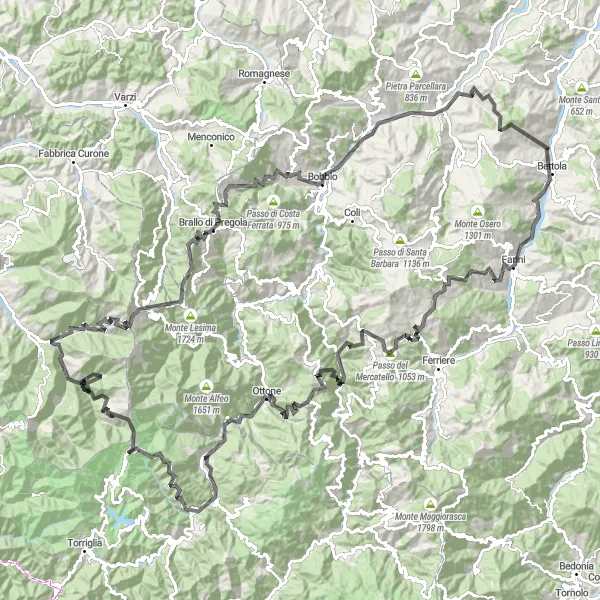 Kartminiatyr av "Bettola - Passo Pia" cykelinspiration i Emilia-Romagna, Italy. Genererad av Tarmacs.app cykelruttplanerare