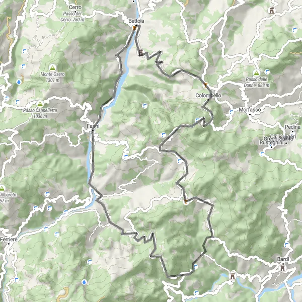 Zemljevid v pomanjšavi "Road Groppo Ducale - Passo dei Guselli - Passo Linguadà - Boccolo dei Tassi - Monte Cappello - Farini" kolesarske inspiracije v Emilia-Romagna, Italy. Generirano z načrtovalcem kolesarskih poti Tarmacs.app