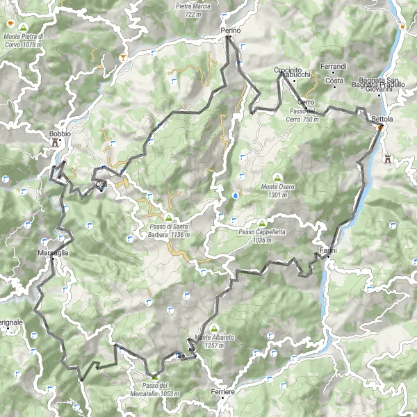 Miniature de la carte de l'inspiration cycliste "Parcours routier pittoresque de Bettola" dans la Emilia-Romagna, Italy. Générée par le planificateur d'itinéraire cycliste Tarmacs.app