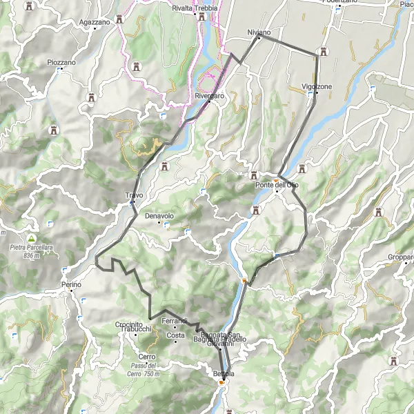 Map miniature of "Bettola Countryside Exploration" cycling inspiration in Emilia-Romagna, Italy. Generated by Tarmacs.app cycling route planner