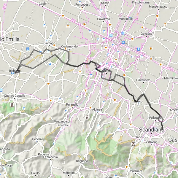 Miniatura della mappa di ispirazione al ciclismo "Cicloturismo tra Bibbiano e Cavriago" nella regione di Emilia-Romagna, Italy. Generata da Tarmacs.app, pianificatore di rotte ciclistiche