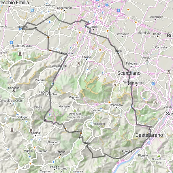 Kartminiatyr av "Äventyrlig cykeltur till Scandiano och Montecchio Emilia" cykelinspiration i Emilia-Romagna, Italy. Genererad av Tarmacs.app cykelruttplanerare