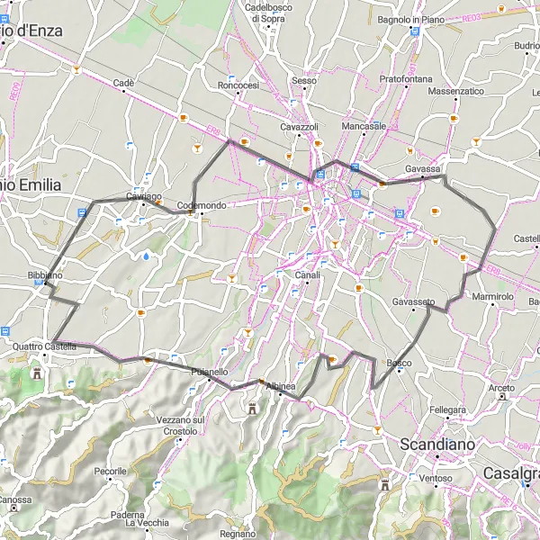 Miniature de la carte de l'inspiration cycliste "Cavriago Loop" dans la Emilia-Romagna, Italy. Générée par le planificateur d'itinéraire cycliste Tarmacs.app