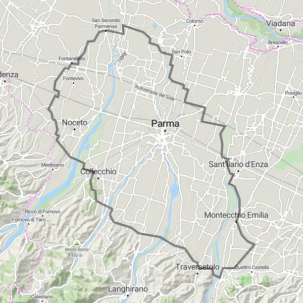 Mapa miniatúra "Okruh z Bibbiana cez Fontanellato a Castelnovo" cyklistická inšpirácia v Emilia-Romagna, Italy. Vygenerované cyklistickým plánovačom trás Tarmacs.app