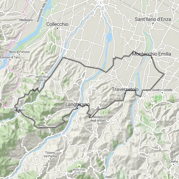 Kartminiatyr av "Traversetolo til Bibbiano Road Cycling Tour" sykkelinspirasjon i Emilia-Romagna, Italy. Generert av Tarmacs.app sykkelrutoplanlegger