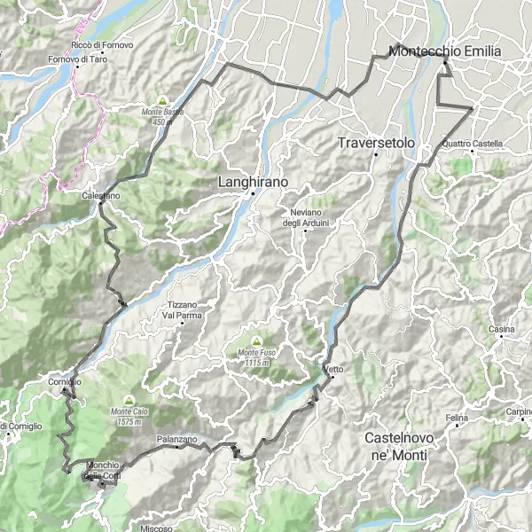 Miniature de la carte de l'inspiration cycliste "Défi épique des montagnes près de Bibbiano" dans la Emilia-Romagna, Italy. Générée par le planificateur d'itinéraire cycliste Tarmacs.app