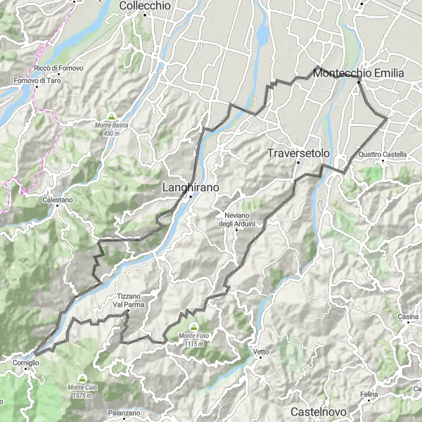 Kartminiatyr av "Utmanande cykeltur till Monte Sesiolo och Torrechiara" cykelinspiration i Emilia-Romagna, Italy. Genererad av Tarmacs.app cykelruttplanerare