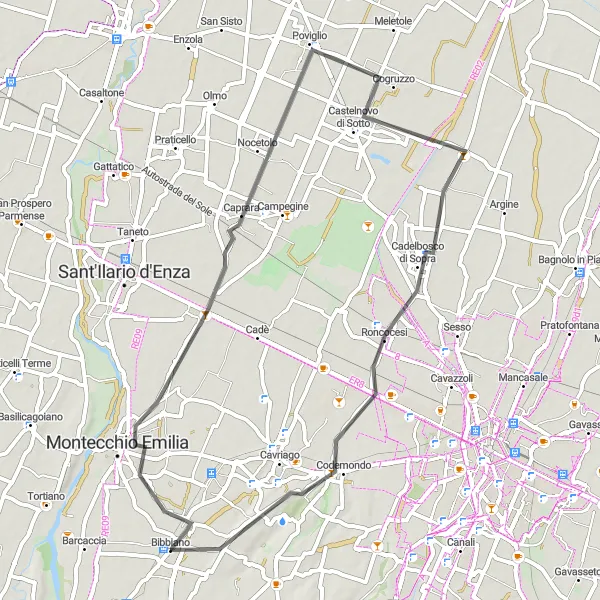 Kartminiatyr av "Rundtur till Montecchio Emilia och Poviglio" cykelinspiration i Emilia-Romagna, Italy. Genererad av Tarmacs.app cykelruttplanerare