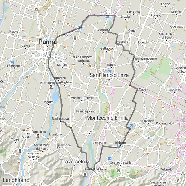 Miniatura della mappa di ispirazione al ciclismo "Tour in bicicletta da Bibbiano a Parma" nella regione di Emilia-Romagna, Italy. Generata da Tarmacs.app, pianificatore di rotte ciclistiche