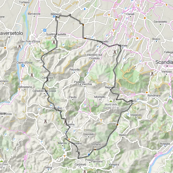 Miniatuurkaart van de fietsinspiratie "Rondrit van Bibbiano naar Quattro Castella" in Emilia-Romagna, Italy. Gemaakt door de Tarmacs.app fietsrouteplanner