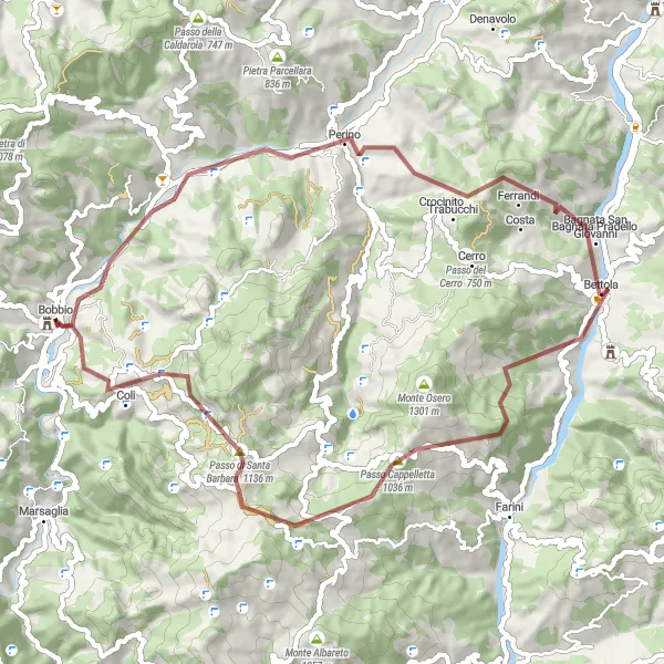 Miniature de la carte de l'inspiration cycliste "Parcours Gravel Montagneux de Bobbio" dans la Emilia-Romagna, Italy. Générée par le planificateur d'itinéraire cycliste Tarmacs.app