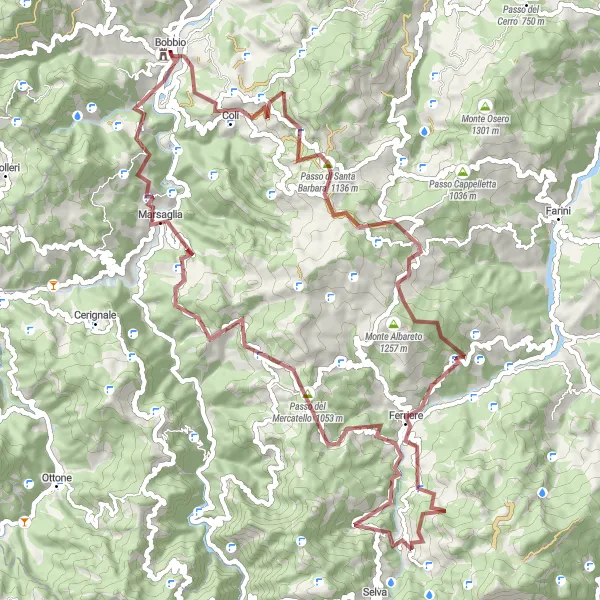 Miniatuurkaart van de fietsinspiratie "Bobbio naar Passo Mercatello via Passo di Santa Barbara" in Emilia-Romagna, Italy. Gemaakt door de Tarmacs.app fietsrouteplanner