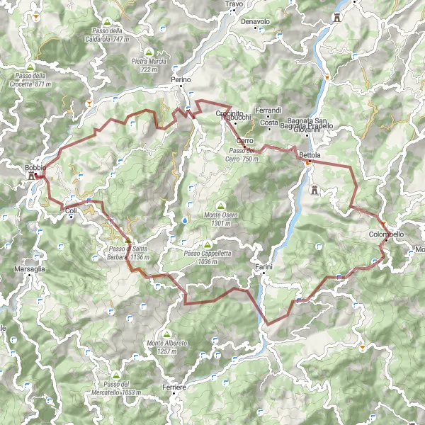 Miniatua del mapa de inspiración ciclista "Ruta de montaña desafiante desde Bobbio" en Emilia-Romagna, Italy. Generado por Tarmacs.app planificador de rutas ciclistas