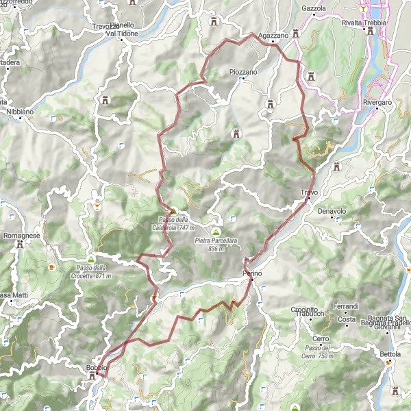 Mapa miniatúra "Gravel Bobbio - Cascina Balzago" cyklistická inšpirácia v Emilia-Romagna, Italy. Vygenerované cyklistickým plánovačom trás Tarmacs.app