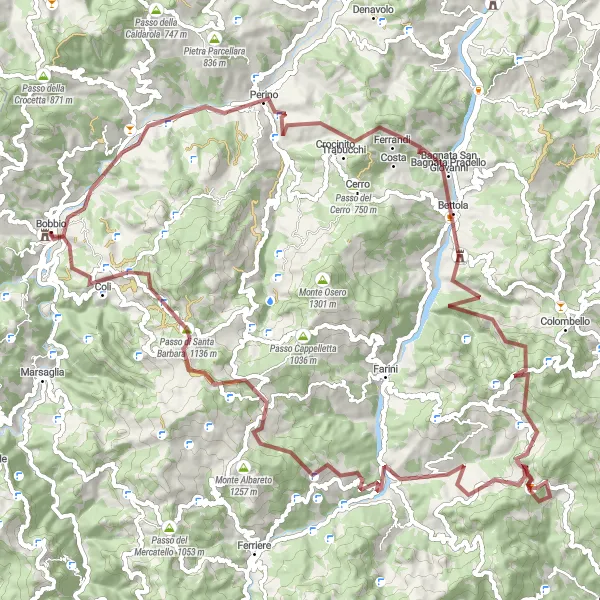 Miniatua del mapa de inspiración ciclista "Ruta de Grava a través de Bobbio" en Emilia-Romagna, Italy. Generado por Tarmacs.app planificador de rutas ciclistas