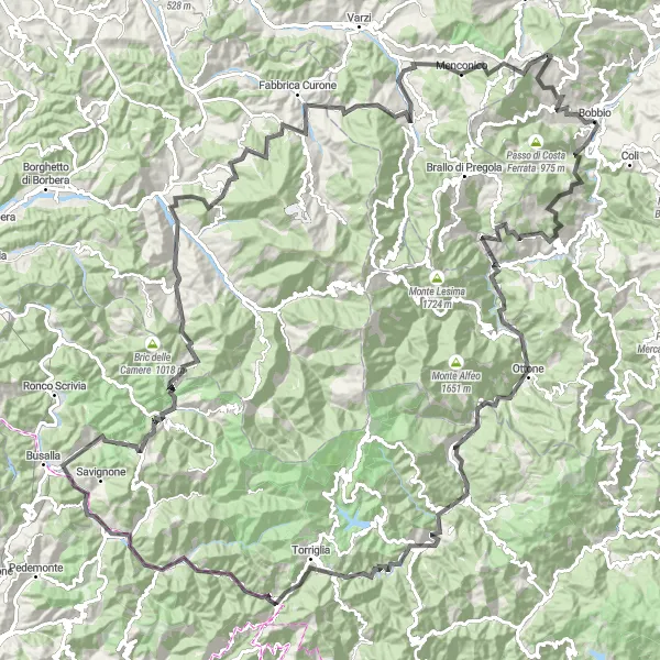 Miniature de la carte de l'inspiration cycliste "Tour de Bobbio et les montagnes environnantes" dans la Emilia-Romagna, Italy. Générée par le planificateur d'itinéraire cycliste Tarmacs.app