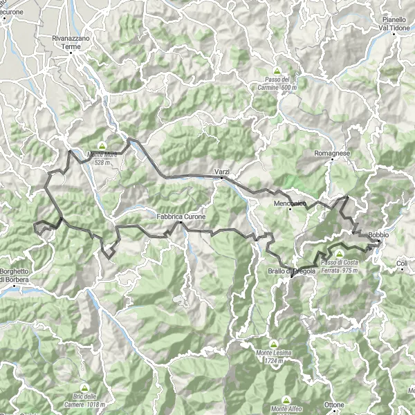 Map miniature of "Panorama Road Ride" cycling inspiration in Emilia-Romagna, Italy. Generated by Tarmacs.app cycling route planner