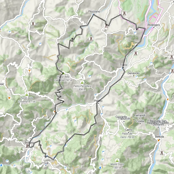 Kartminiatyr av "Veitur til Monte Bissago og Monte Belvedere" sykkelinspirasjon i Emilia-Romagna, Italy. Generert av Tarmacs.app sykkelrutoplanlegger