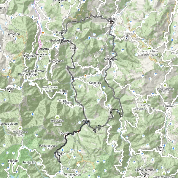 Kartminiatyr av "Veitur til Monte Veri og Brallo di Pregola" sykkelinspirasjon i Emilia-Romagna, Italy. Generert av Tarmacs.app sykkelrutoplanlegger