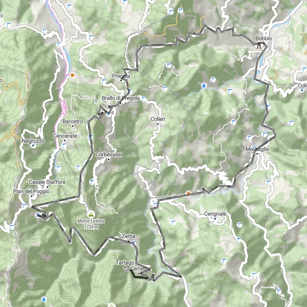 Miniatua del mapa de inspiración ciclista "Desafío en Carretera desde Bobbio" en Emilia-Romagna, Italy. Generado por Tarmacs.app planificador de rutas ciclistas