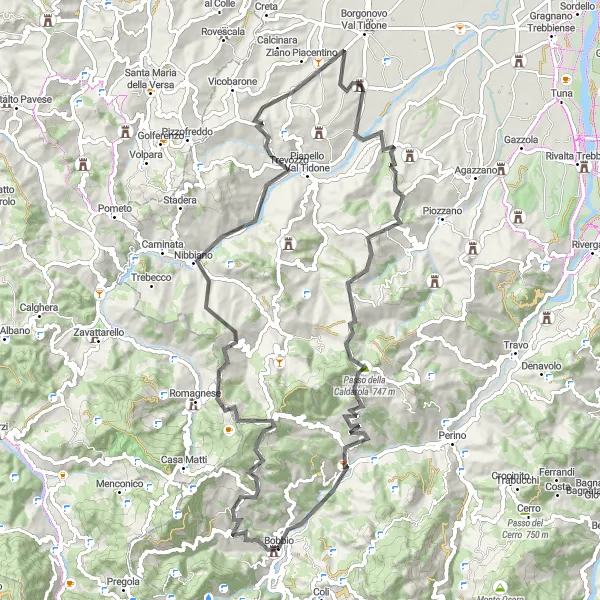 Miniaturní mapa "Výlet po okolí Bobbia - Road" inspirace pro cyklisty v oblasti Emilia-Romagna, Italy. Vytvořeno pomocí plánovače tras Tarmacs.app