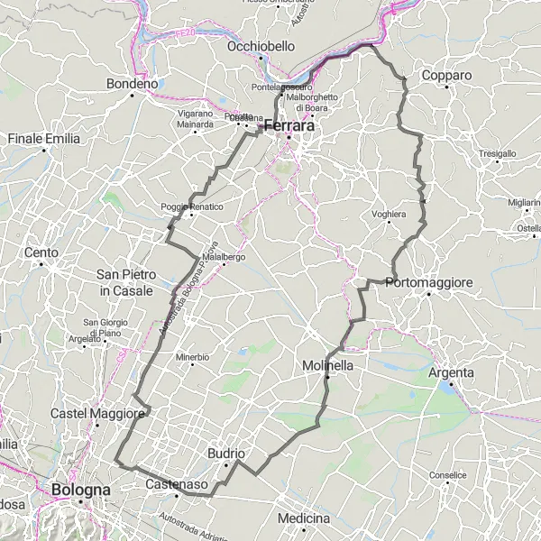 Miniatuurkaart van de fietsinspiratie "Verken de natuur rondom Poggio Renatico en Albarea" in Emilia-Romagna, Italy. Gemaakt door de Tarmacs.app fietsrouteplanner