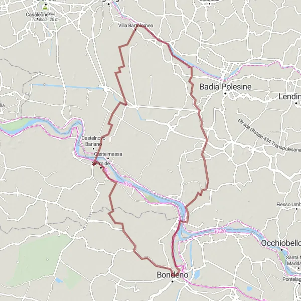 Karttaminiaatyyri "Maaseutumatka Po-jokea pitkin" pyöräilyinspiraatiosta alueella Emilia-Romagna, Italy. Luotu Tarmacs.app pyöräilyreittisuunnittelijalla