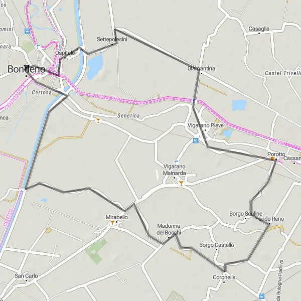 Miniatura della mappa di ispirazione al ciclismo "Percorso ciclabile di 44 km da Bondeno" nella regione di Emilia-Romagna, Italy. Generata da Tarmacs.app, pianificatore di rotte ciclistiche