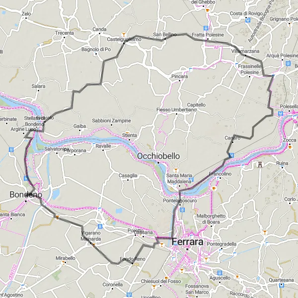 Zemljevid v pomanjšavi "Raznolika road kolesarska tura v bližini Bondena" kolesarske inspiracije v Emilia-Romagna, Italy. Generirano z načrtovalcem kolesarskih poti Tarmacs.app