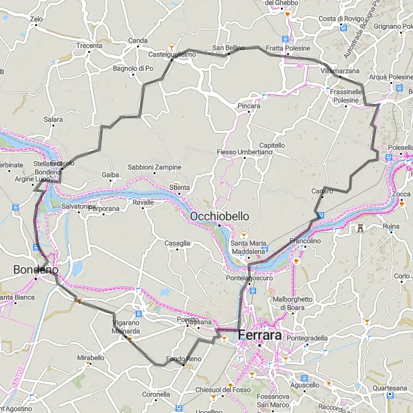 Miniaturní mapa "Okruh Stellata di Bondeno - Castelguglielmo - Fratta Polesine - Canaro - Santa Maria Maddalena - Vigarano Mainarda" inspirace pro cyklisty v oblasti Emilia-Romagna, Italy. Vytvořeno pomocí plánovače tras Tarmacs.app