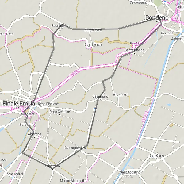 Miniatua del mapa de inspiración ciclista "Ruta de Bondeno a Buonacompra, Finale Emilia y Scortichino" en Emilia-Romagna, Italy. Generado por Tarmacs.app planificador de rutas ciclistas