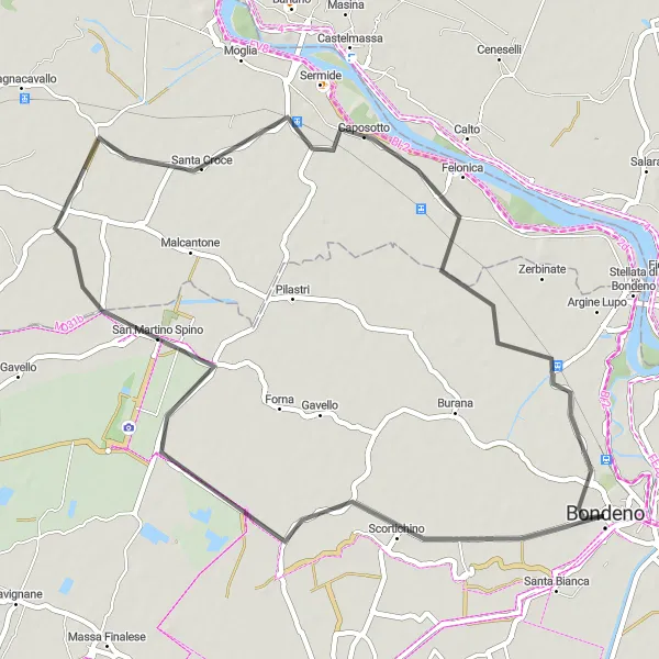 Zemljevid v pomanjšavi "Po ravninski kolesarski poti v bližini Bondena" kolesarske inspiracije v Emilia-Romagna, Italy. Generirano z načrtovalcem kolesarskih poti Tarmacs.app