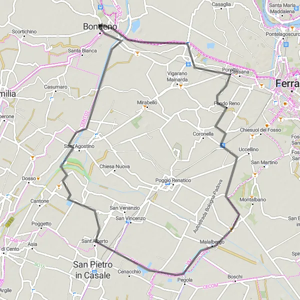 Kartminiatyr av "Road Cycling Äventyr nära Bondeno" cykelinspiration i Emilia-Romagna, Italy. Genererad av Tarmacs.app cykelruttplanerare
