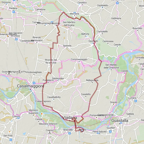 Mapa miniatúra "Gravel Loop from Boretto via Viadana" cyklistická inšpirácia v Emilia-Romagna, Italy. Vygenerované cyklistickým plánovačom trás Tarmacs.app